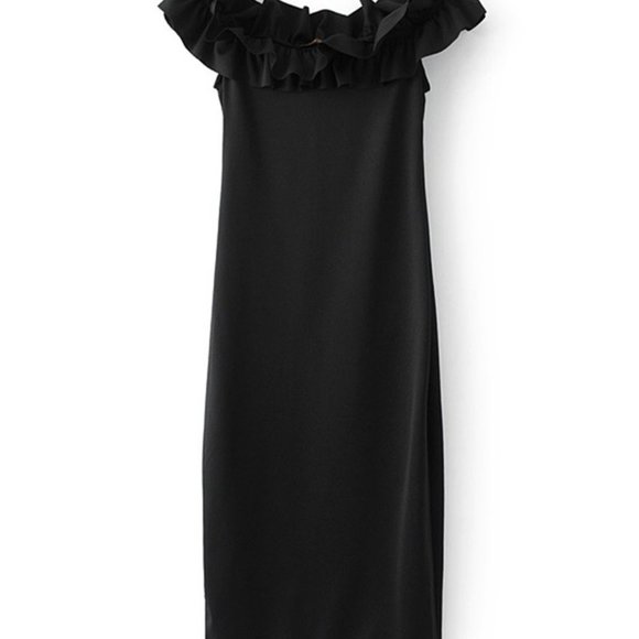 NWOT ZARA BLACK OFF SHOULDER RUFFLE BODYCON DRESS - Picture 4 of 8